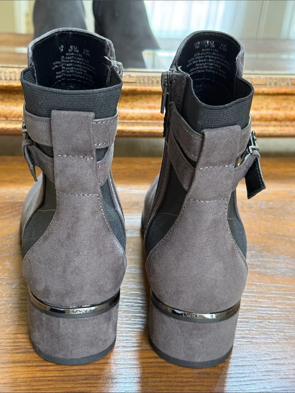 DKNY Gray Suede Ankle Booties with Logo strap accents. Size 7.